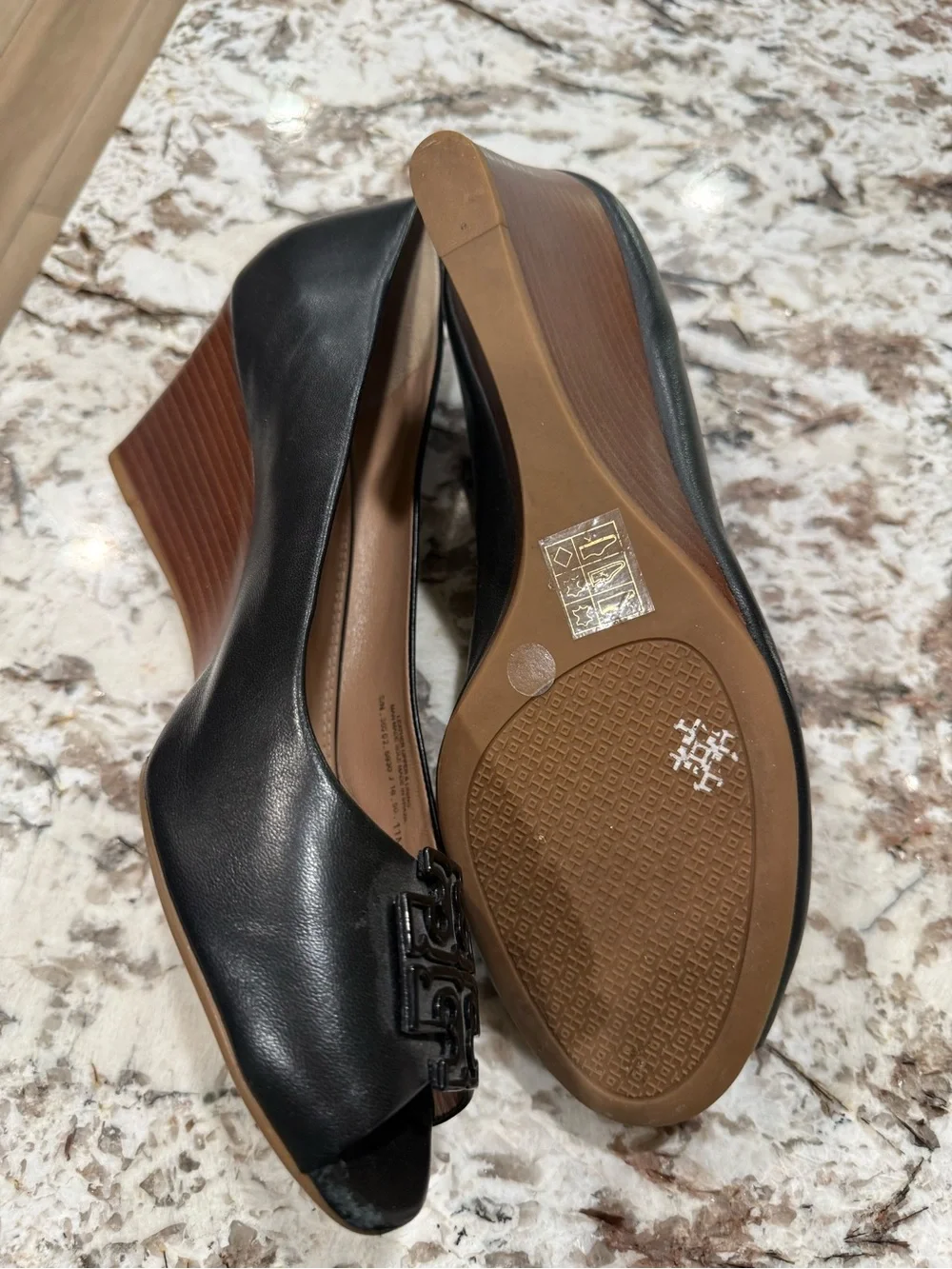 Tory Burch Black Leather Peep-Toe Heels with Logo Medallion